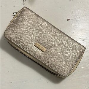 Women’s gold faux pebbled leather double zip around wallet/clutch bag